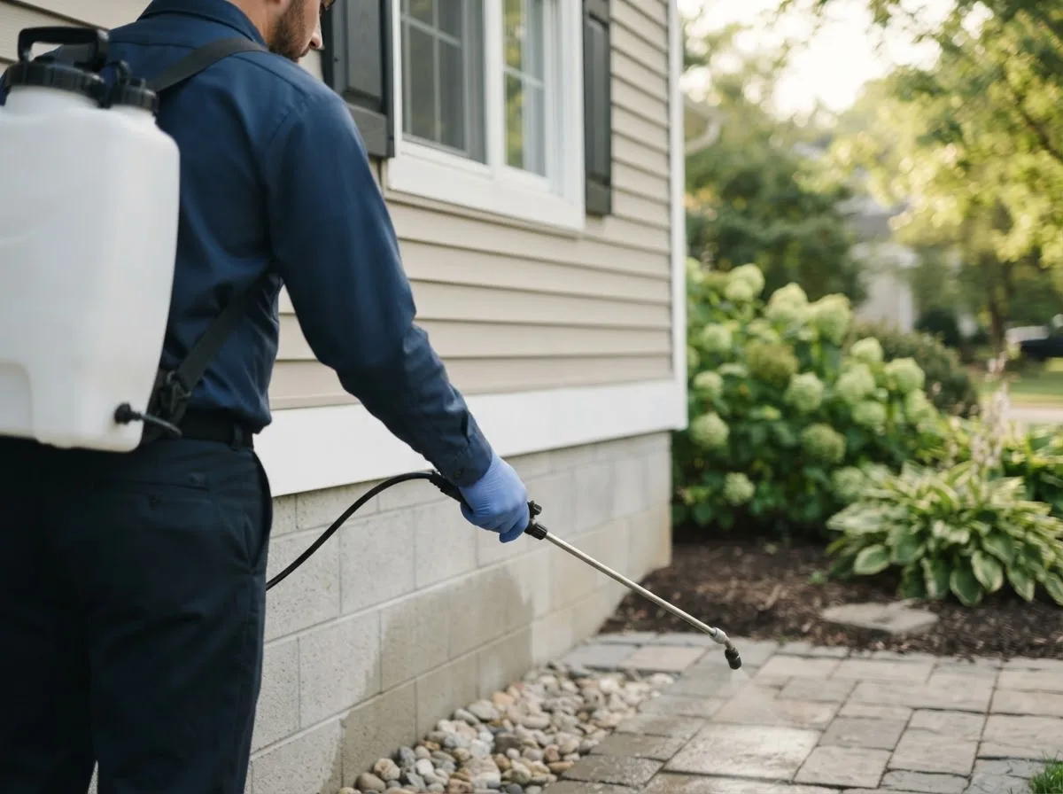 Pest control technician inspecting a home in Meadow Grove, NE